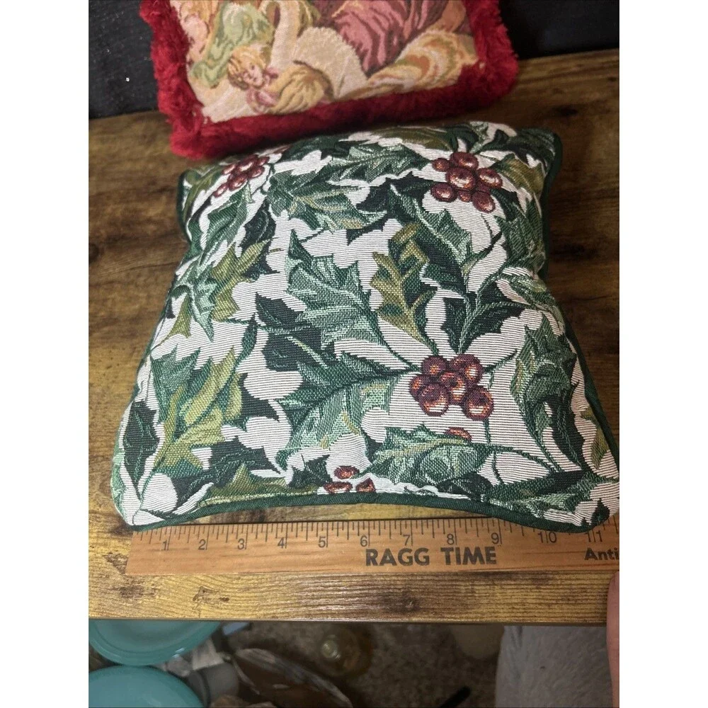 Christmas Vintage Tapestry Pillows Santa & Girl Holly & Berries Small